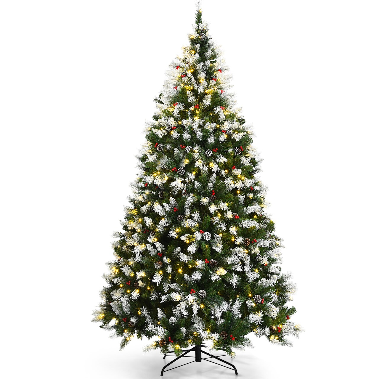 Costway 6ft\7.5ft\9ft Pre-lit Snowy Christmas Tree 818\1398\2058 Tips w/ Pine Cones & Red Berries